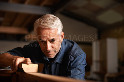 Buy stock photo Wood, maintenance and senior man with a project, renovation or small business with tools. Male entrepreneur, carpentry designer or builder with creativity, manufacturing and development in a workshop