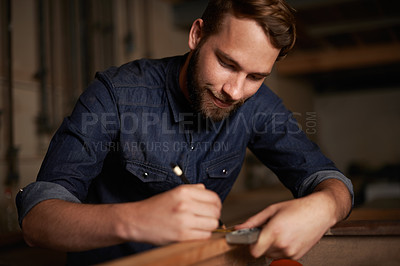 Buy stock photo Carpentry, measurement and happy man with pencil, wood and designer furniture manufacturing workshop. Creativity, small business and smile, expert carpenter working on sustainable project design.