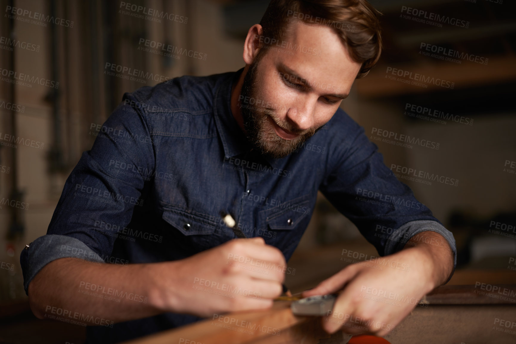 Buy stock photo Carpentry, measurement and happy man with pencil, wood and designer furniture manufacturing workshop. Creativity, small business and smile, expert carpenter working on sustainable project design.