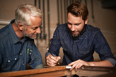 Buy stock photo Man, coach and smile with wood, workshop and family business or apprenticeship. Mature father, son and creative with artisan, carpentry and together for startup and mentor or learning with happiness