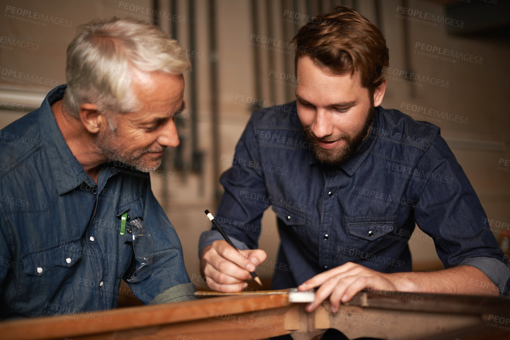 Buy stock photo Man, coach and smile with wood, workshop and family business or apprenticeship. Mature father, son and creative with artisan, carpentry and together for startup and mentor or learning with happiness