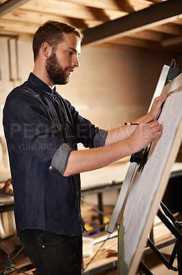 Buy stock photo Man, pencil and paper for design, art and architecture in creative, professional and small business. Architect, designer or entrepreneur to draw, sketch or draft for freelance artistic project