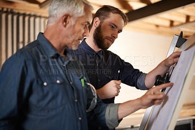 Buy stock photo Architecture, team and men with blueprint for planning project, construction and creative. Engineer, apprentice and mentor with design, drawing and senior father with son for training at workshop