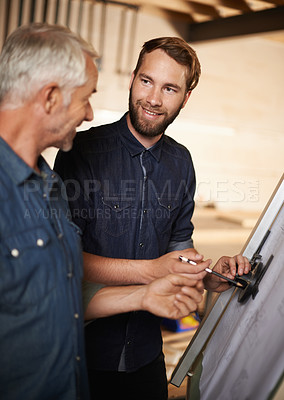 Buy stock photo Architecture, father and son with blueprint for planning project, construction or creative. Engineer, apprentice or happy mentor with design, drawing or smile of men training at workshop for building