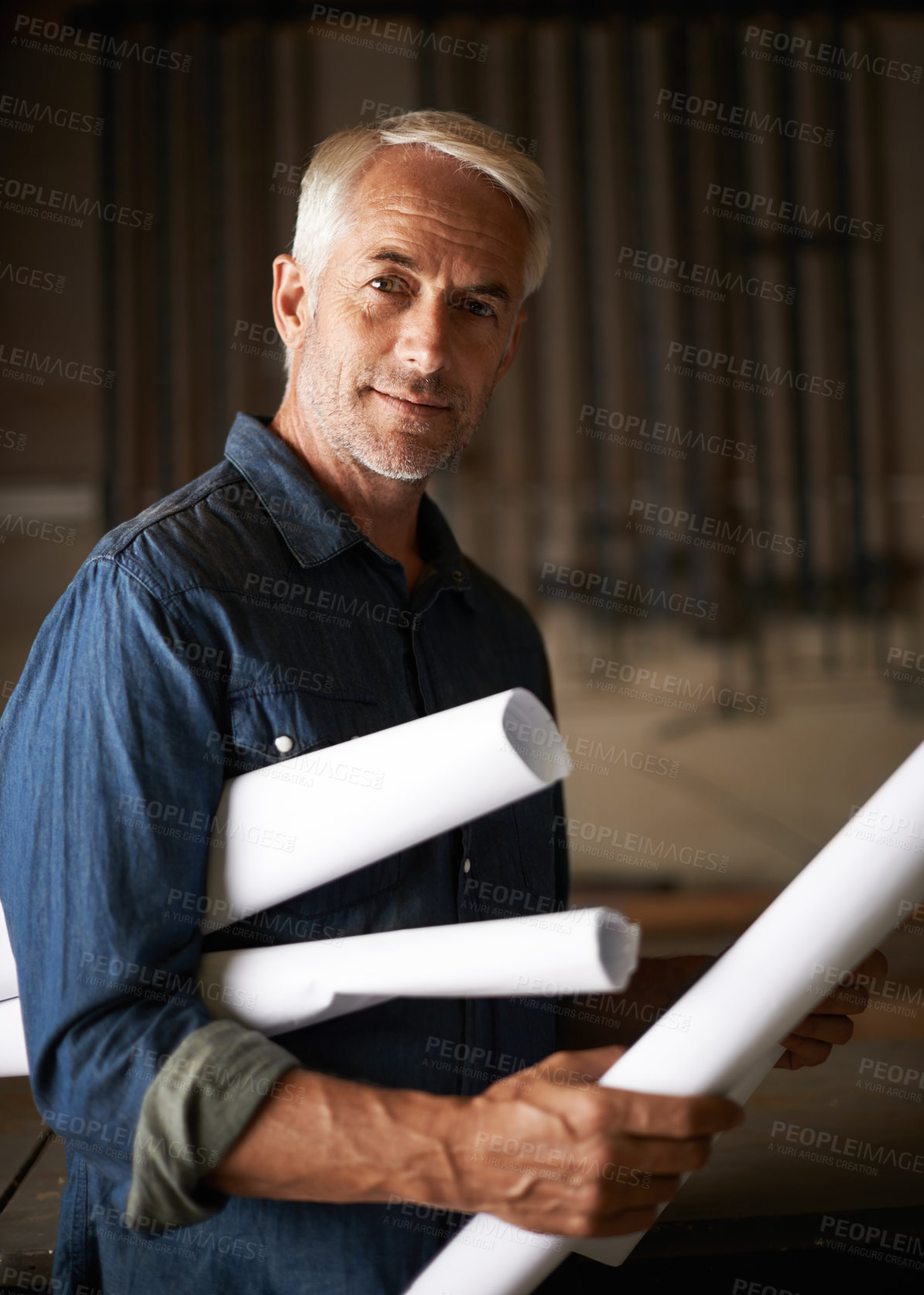 Buy stock photo Senior architect, blueprint and man in portrait with renovation or remodeling project with floor plan design. Architecture industry, engineer and male professional designer with vision and mission