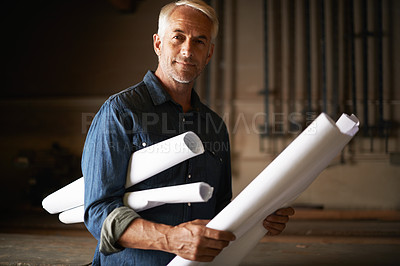 Buy stock photo Mature architect, blueprint and man in portrait with renovation or remodeling project with floor plan design. Architecture industry, engineer and male professional designer with vision and mission