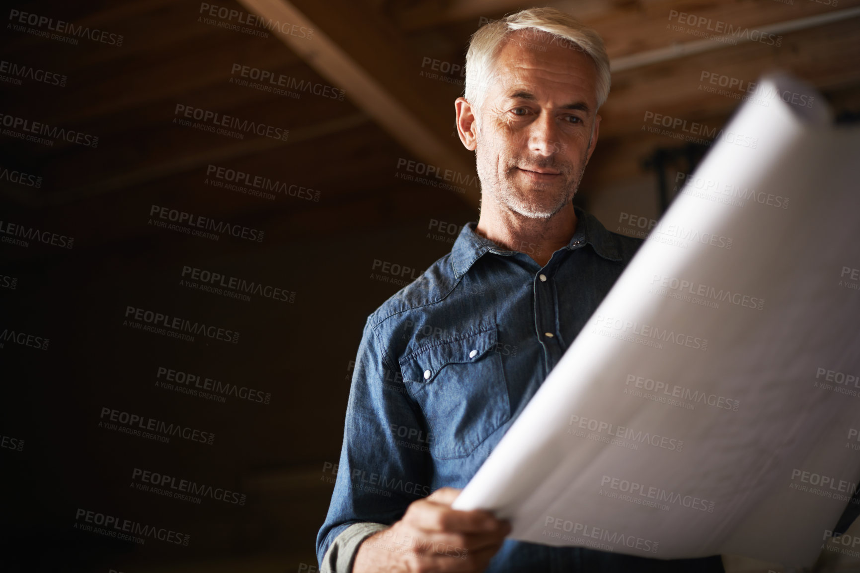 Buy stock photo Thinking, blueprints and man with coffee, engineering and architect with solution and construction. Startup, employee and planning for project with morning tea and development with problem solving