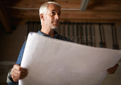 Buy stock photo Thinking, business and man with blueprint, engineering and architect with development or problem solving. Person, employee or planning for project with decision or solution with renovation or startup