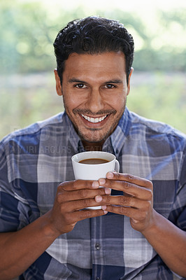 Buy stock photo Man, portrait and coffee to relax in home, smile and satisfaction with hot beverage on weekend. Male person, happy and latte or comfortable in apartment, morning and routine cup of tea for peace