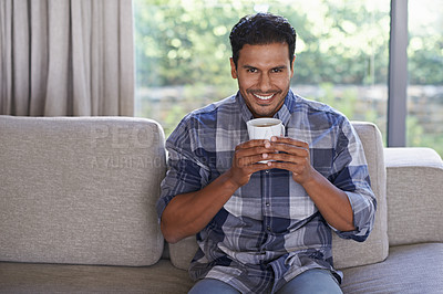 Buy stock photo Man, portrait and tea to relax in home, smile and satisfaction with hot beverage on weekend. Male person, happy and latte or comfortable in apartment, morning and routine cup of caffeine for peace