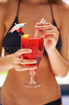 Buy stock photo Cocktail, hand and woman in bikini on vacation, weekend break and summer party in Fort Lauderdale. Person, glass and alcoholic drink in swimwear for relax, peace and rest outdoor at holiday resort