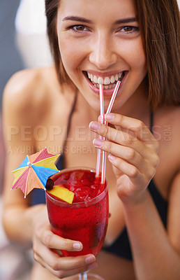 Buy stock photo Portrait, woman and smile with cocktail for drinking, refreshment and fun at resort. Happy female person, beverage and alcohol or liquor to relax on holiday, vacation and travel in Puerto Rico
