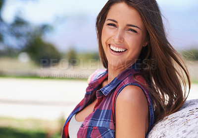 Buy stock photo Portrait, smile or fashion and woman countryside, outdoors and trees on farm. Happy, plaid or stylish outfit for casual gen z woman, lifestyle and summer for trendy and contemporary female from Texas