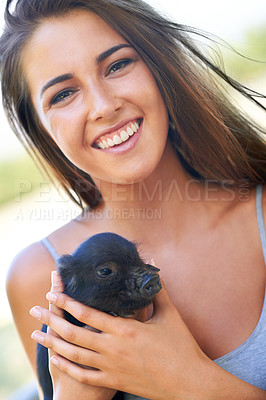Buy stock photo Portrait, woman and pig for volunteer, charity organization and rescue center. Welfare, smile and face of female person with piglet for foster care, adoption and animal sanctuary for nonprofit or ngo
