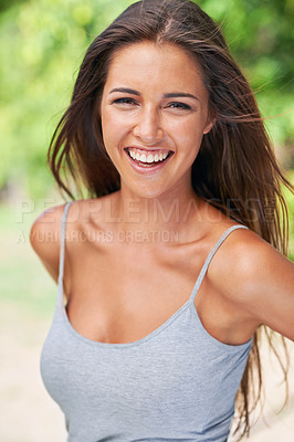 Buy stock photo Woman, portrait and happy in summer at park, outdoor fun and holiday in nature and vacation for recreation in California. Sunshine, positive and confident fit female person with excited expression