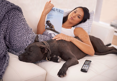 Buy stock photo A young woman lying on her couch with her dog while reading
