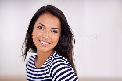 Buy stock photo Closeup of a beautiful young woman at home