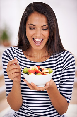 Buy stock photo Fruit, diet and healthy eating for excited woman, salad and happy for fresh food. Natural, nutrition and sustainable for vegetarian, fiber and breakfast or dessert for minerals and vitamins 