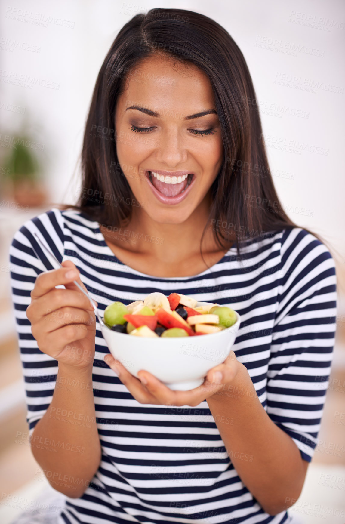 Buy stock photo Fruit, diet and healthy eating for excited woman, salad and happy for fresh food. Natural, nutrition and sustainable for vegetarian, fiber and breakfast or dessert for minerals and vitamins 