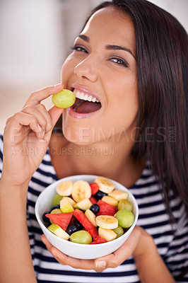 Buy stock photo Portrait, woman and fruit bowl for eating, natural nutrition and healthy organic food. Happy, female person with snack with vitamins for skin and wellness, balance diet and salad with vegan choice