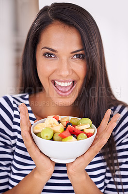 Buy stock photo Portrait, woman and excited for fruit bowl, natural nutrition and healthy organic food. Happy, female person with snack with vitamins for skin and wellness, balance diet and salad with vegan choice