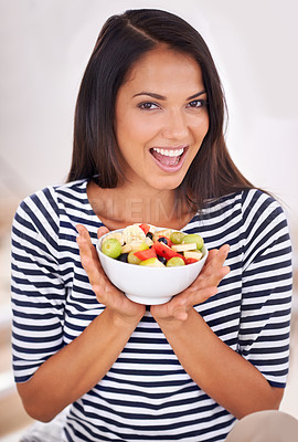 Buy stock photo Portrait, woman and fruit bowl with smile, natural nutrition and healthy organic food. Happy, female person with snack with vitamins for skin and body wellness, balance diet and excited vegan choice
