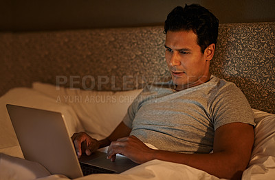 Buy stock photo Man, happy and laptop in bedroom at night, online subscription and streaming movie to watch on weekend. Calm person, relax and computer on bed in duvet, wellness and scroll on social media in home