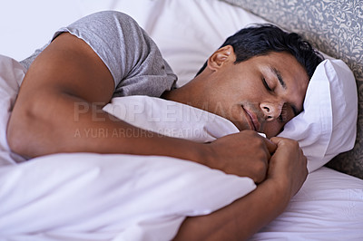 Buy stock photo Man, tired and sleeping in bedroom in morning, quiet and peace rest on soft pillow in warm duvet. Calm person, dream and relax on bed in white bedding, fatigue and wellness on lazy weekend in home