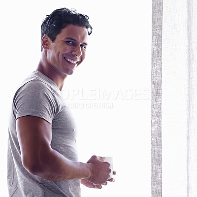 Buy stock photo Man, window and portrait with coffee for morning routine or solitude, comfort or relax for calm and peace. Mexican person, warm beverage and happiness with caffeine and leisure at home for self care.