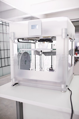Buy stock photo 3d printer, lab and tech in creative, prototyping and design in digital robotics innovation. Printing, machine and electronics to process, robot and material in additive manufacturing project