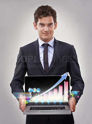Buy stock photo Portrait, laptop and stock market double exposure with businessman in studio on gray background for growth or investment. Computer, finance and wealth management with young investor showing portfolio