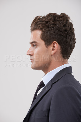Buy stock photo Face profile, thinking and business man with idea isolated on a white studio background. Side view, vision or serious professional with decision for problem solving, dream or salesman planning future