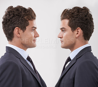 Buy stock photo Business man, clone and face of worker with corporate career or job in studio isolated on white background. Twin, professional entrepreneur or employee together, replica or duplicate salesman in suit