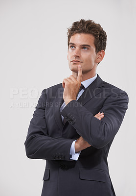 Buy stock photo Idea, thinking and business man with dream isolated on a white studio background. Inspiration, vision or serious professional with decision for problem solving, solution or salesman planning future