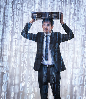 Buy stock photo Studio concept shot of a businessman being rained on by binary code