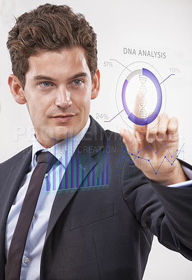 Buy stock photo Future, hologram and dna analysis with businessman user in studio on white background for research. Digital icon, innovation and interface with young employee in suit to access science metaverse