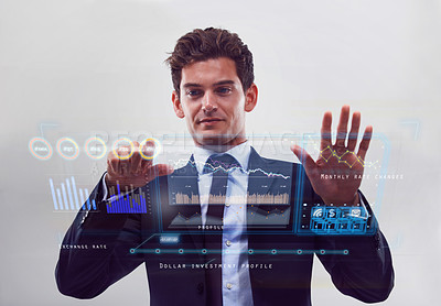 Buy stock photo Businessman, digital and screen with graph, press and click for finance data isolated on a white studio background. Broker, professional and future touchscreen for analysis of investment on overlay