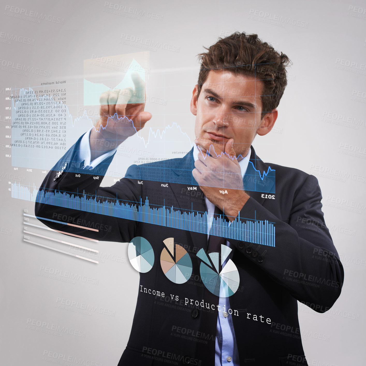 Buy stock photo Businessman, graph and thinking on digital screen with statistics isolated on a white studio background. Chart, trader and touchscreen for finance data, idea or press button for investment on overlay