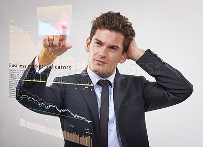 Buy stock photo Businessman, thinking and trading with marketing hologram for digital profit or cost on a gray studio background. Man, trader or financial broker in wonder on virtual dashboard for company finance