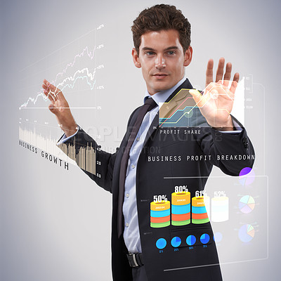 Buy stock photo Businessman, market and finance with digital hologram, chart or graphs for training on a gray studio background. Man, trader or financial broker with virtual dashboard for corporate growth or stock