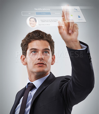 Buy stock photo Business man, digital and press screen for email notification, internet or social media isolated on a white studio background. Consultant, touchscreen or click future interface for network on overlay