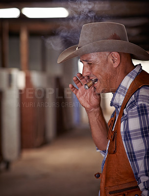 Buy stock photo Smoke, cigar and senior cowboy on ranch for farming, agriculture and care for rodeo animals. Western, countryside and mature farmer, man and rancher with cigarette, tobacco and smoking in Texas