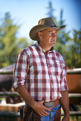 Buy stock photo Farm, thinking and senior cowboy on ranch with lasso for horse, cows and rodeo animals for agriculture. Farming, nature and mature man in environment, countryside and working outdoors in Texas