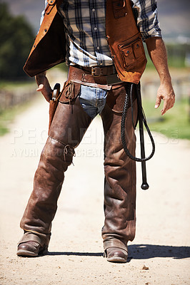 Buy stock photo Person, outdoors and gun ready to shoot for standoff or gunfight in duel for wild western culture in Texas. Cowboy gunslinger or outlaw, revolver and confrontation for defense or conflict with battle
