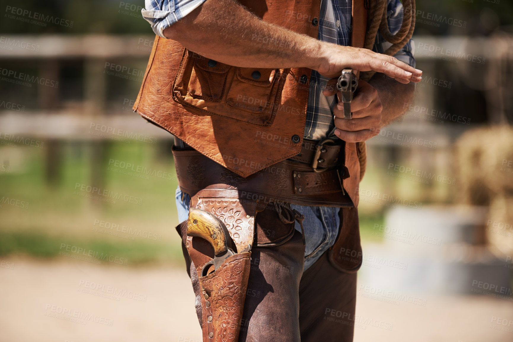 Buy stock photo Cowboy, tough and aim gun to shoot for standoff or gunfight in duel for wild western culture in Texas. Male gunslinger or outlaw, revolver and confrontation for defense or conflict with closeup