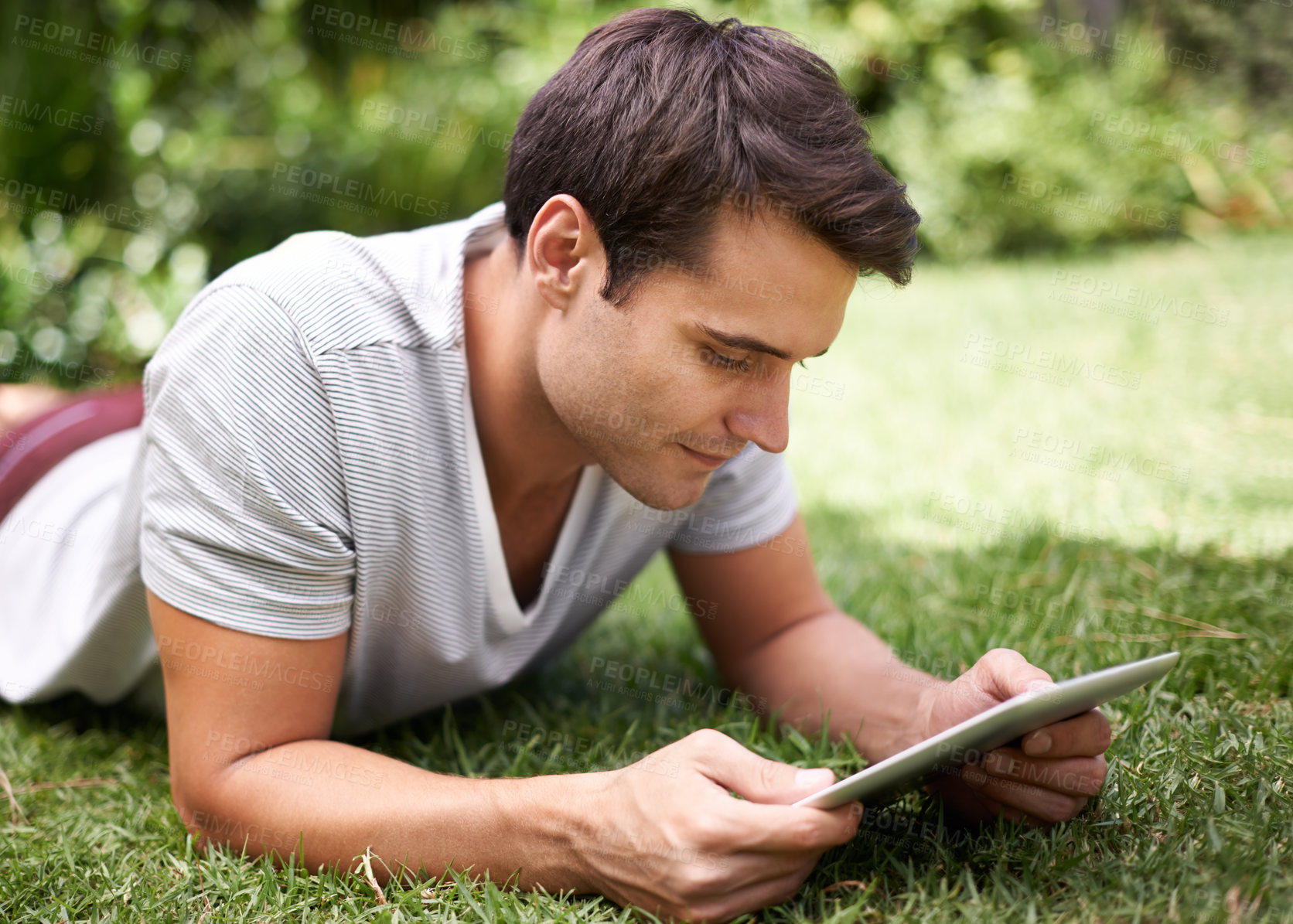 Buy stock photo Man, tablet and garden reading or relax connection fr browsing social media on weekend, subscription or online. Male person, backyard and nature rest with ebook for entertainment, search or internet