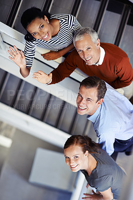 Buy stock photo Portrait, stairs and business people with teamwork, group and collaboration with diversity. Multiracial, staff and employees with cooperation and steps with PR consultant and agency with startup