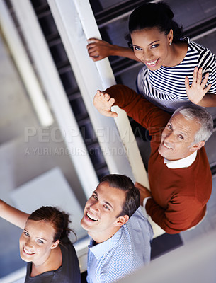 Buy stock photo Portrait, stairs and business people with teamwork, smile and cooperation with project and PR consultant. Group, staff and steps with employees and collaboration with creative agency and happiness