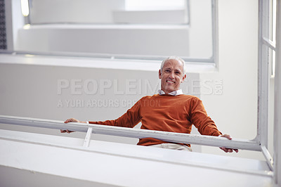 Buy stock photo Low angle, business and portrait with old man, stairs and creative agency with professional and PR agency. Face, mature person or employee with happiness and entrepreneur with steps, smile or startup