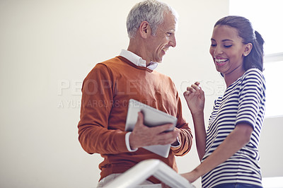 Buy stock photo Business people, building and tablet at stairs for meeting, collaboration or consulting with manager. Group of employees, happiness and technology for project, discussion and positive feedback